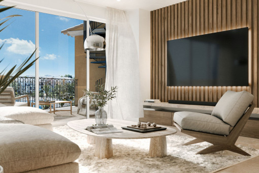 Salón en la planta ático con escalera a la terraza en la azotea