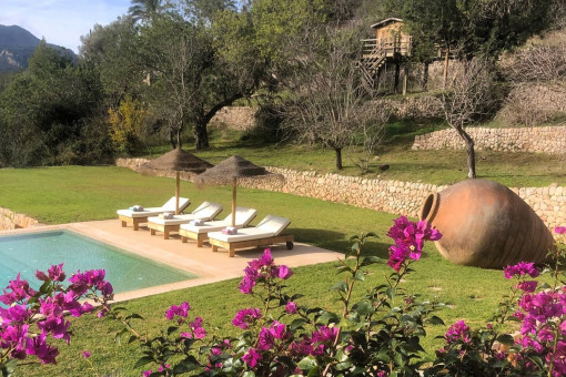 Piscina de agua salada y tumbonas cómodas en un entorno mediterráneo
