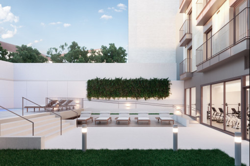 Terraza, piscina y gimnasio