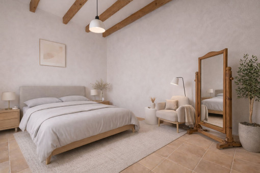 Render: Dormitorio moderno con espejo antiguo