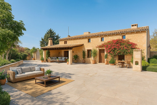 Visualización: Fachada principal de la finca renovada, mostrando cómo podría percibirse el exterior tras una ligera puesta al día.