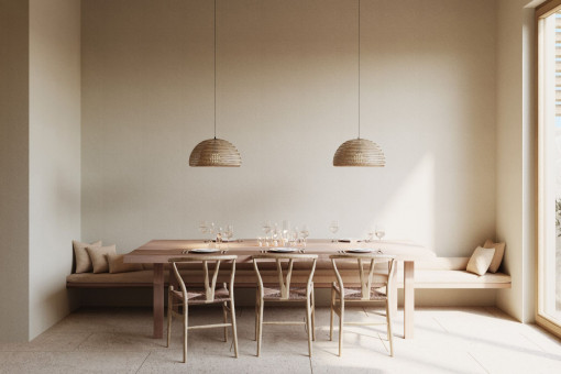 Elegante comedor con banco integrado y materiales naturales