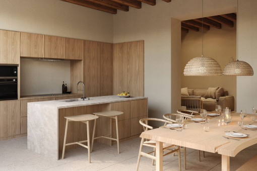 Cocina abierta con isla de piedra y vistas al salón