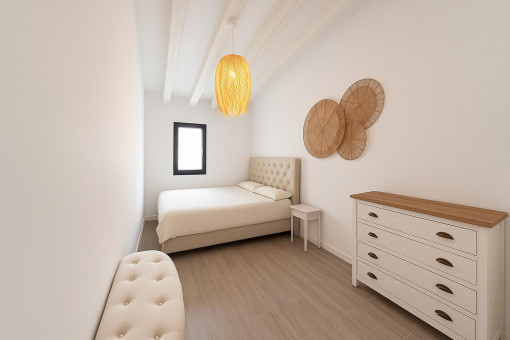 Acogedor tercer dormitorio con tonos cálidos y detalles en madera