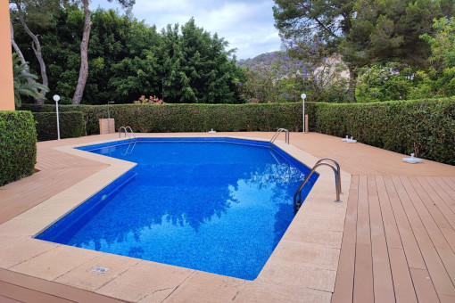 Zona de piscina acogedora rodeada de vegetación y plantas mediterráneas