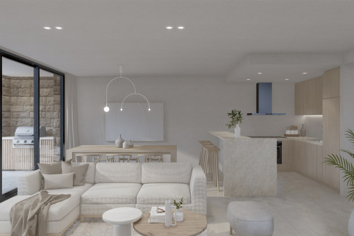 Salón con acceso a la terraza de la piscina