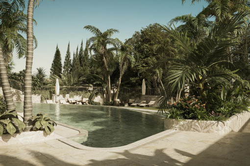 Piscina con jardín tropical