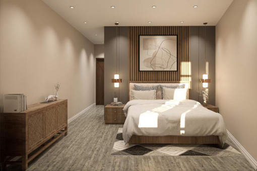 Uno de los tres acogedores dormitorios dobles con detalles de madera y diseño de pared elegante