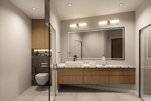 Baño moderno con gran espejo y detalles en madera