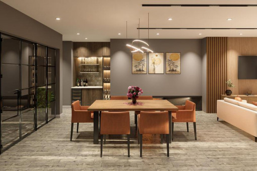 Comedor abierto con iluminación moderna y ambiente acogedor
