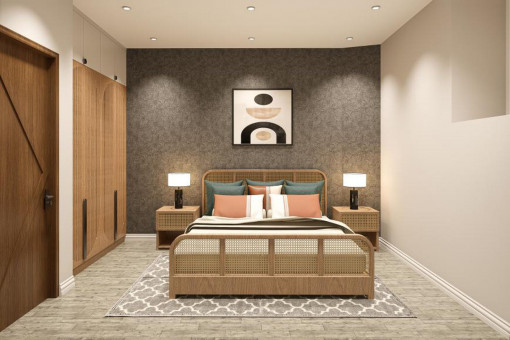 Dormitorio doble con pared decorativa y colores armoniosos