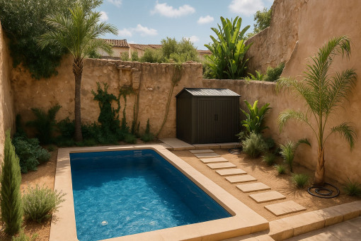 Exterior de estilo mediterráneo de fácil mantenimiento con piscina