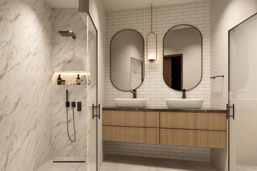 Baño de lujo con doble lavabo y ducha de mármol