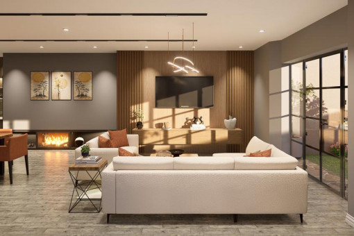 Sala de estar con chimenea y acogedora zona de sofás