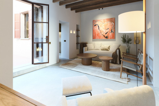 Espaciosa sala de estar con vigas de madera 