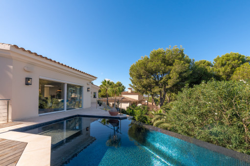 Piscina moderna con vistas tranquilas a la naturaleza