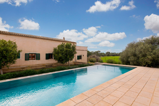 Zona exterior cuidada con piscina privada