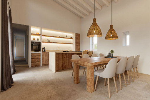 Zona abierta de salón comedor con detalles de piedra natural