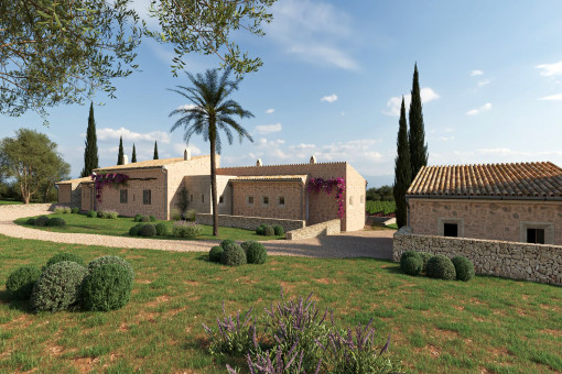 Vista exterior de la finca proyectada con jardín