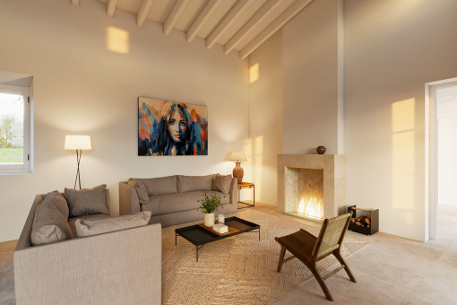 Salón con chimenea y acceso a la zona exterior