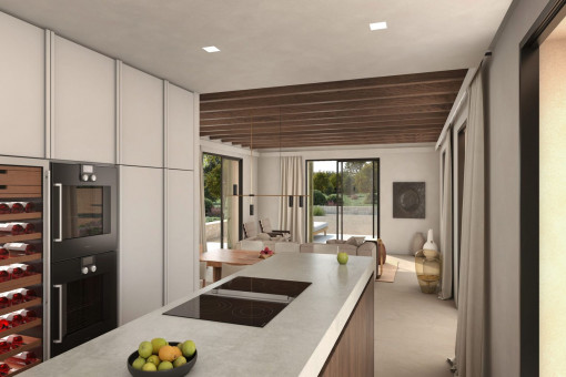Cocina luminosa y llena de luz natural con salón y comedor de concepto abierto