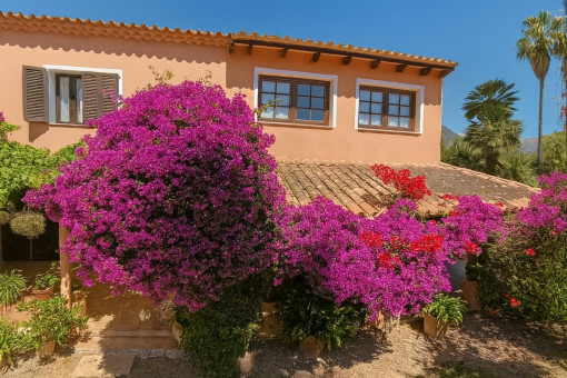 Fachada de casa con jardín florido