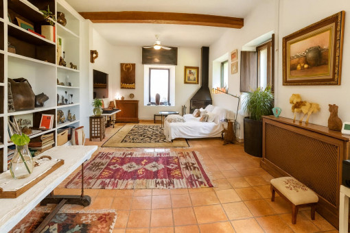 Amplia sala de estar con chimenea