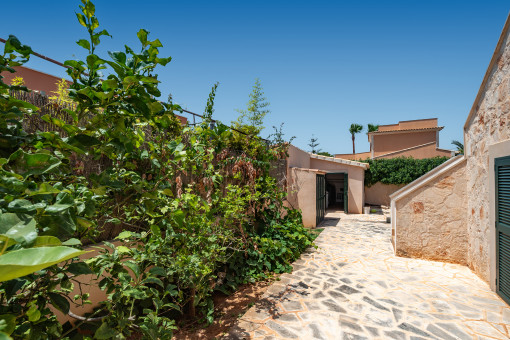 Jardín que rodea la vivienda, con el acceso a la terraza en la azotea a la derecha
