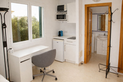 Cocina pequeña y baño privado en el apartamento anexo