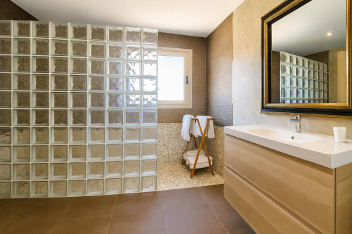 Baño moderno con ducha de bloque de vidrio