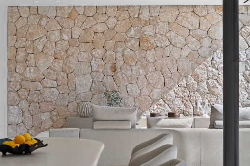 Pared de piedra natural en el salón 
