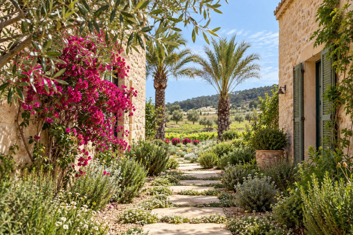 Jardín mediterráneo con senderos de piedra natural